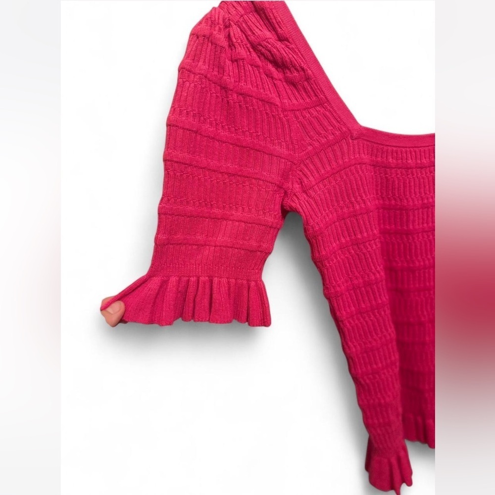 Adam Lippes Pink Smocked Ribbed Knit Ruffle Sleeve Top - Picture 5 of 6